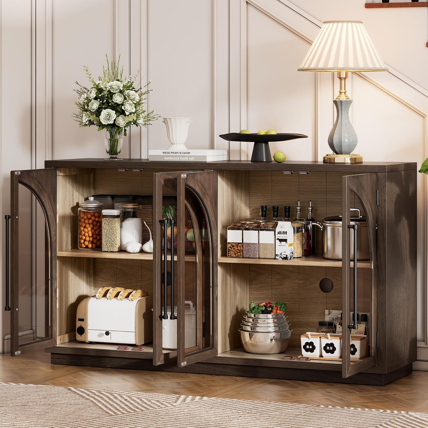 Merax Wood Farmhouse Buffet Sideboard with Adjustable Shelves and 4 Glass Doors, Coffee Bar Cabinet TV Stand for Living Room Bedroom Kitchen Espresso