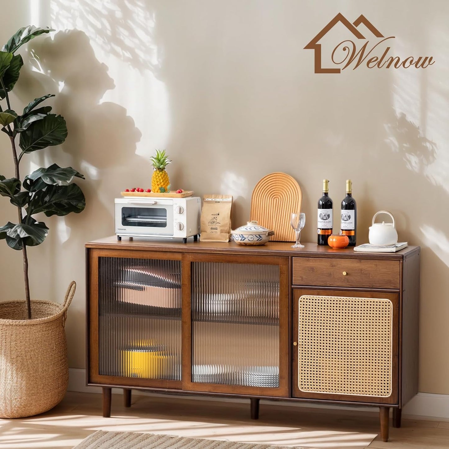 Welnow Buffet Cabinet, Bamboo Sideboard with Storage Rattan Kitchen Display Cabinet with Drawer, Boho Coffee Bar Tables for Kitchen, Living Room, Entryway, Office, Walnut