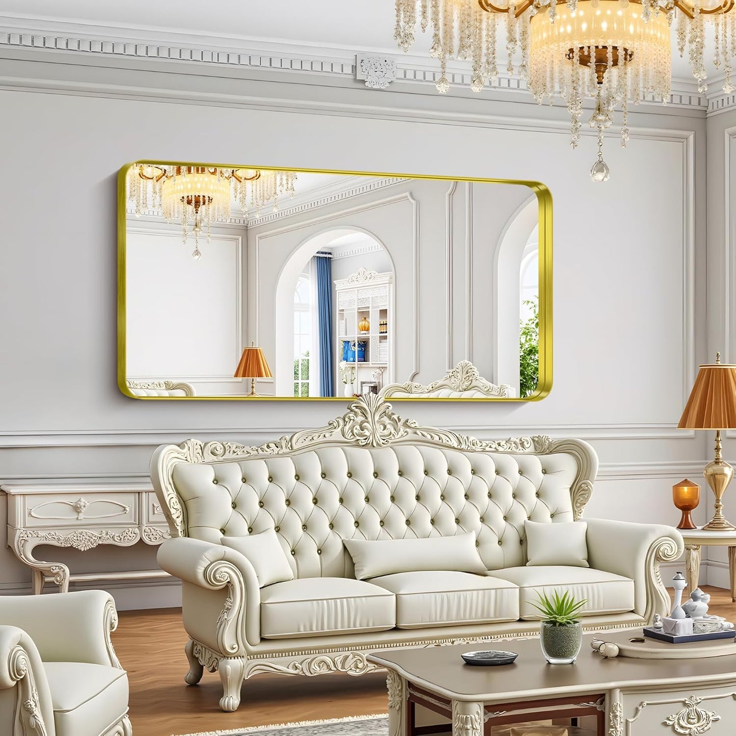 FORBATH 72x36 Inch Oversized Bathroom Mirror for Double Sinks, Brushed Gold Deep Frame Full Length Wall Mirror with Rounded Corners, Anti-Rust Tempered Glass(Horizontal/Vertical)