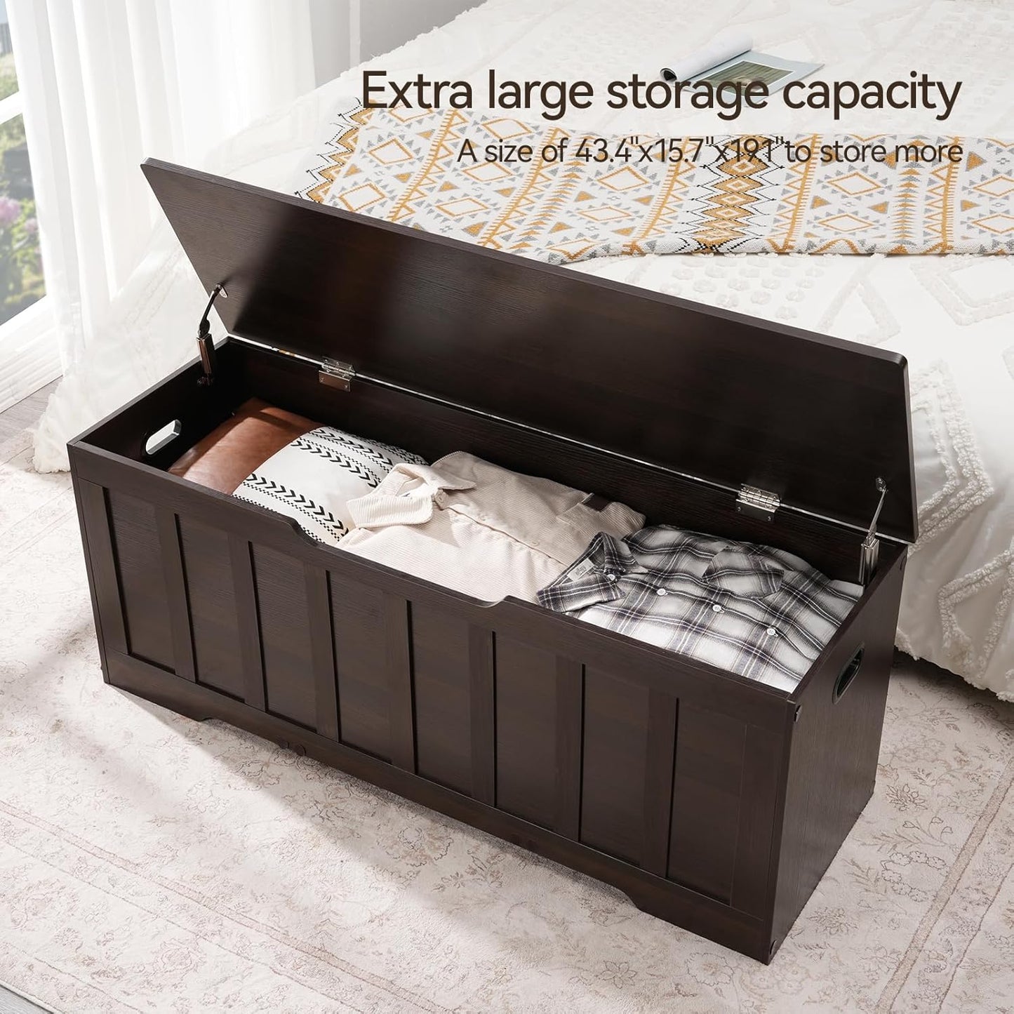 47.2" Storage Chest Extra Large,Storage Trunk with 2 Safety Hinges,Wooden Storage Bench,Shoe Bench,47.2x15.7x19.1 Inch,Easy Assembly,Storage Bench for Bedroom,Living Room,entryway(Espresso).