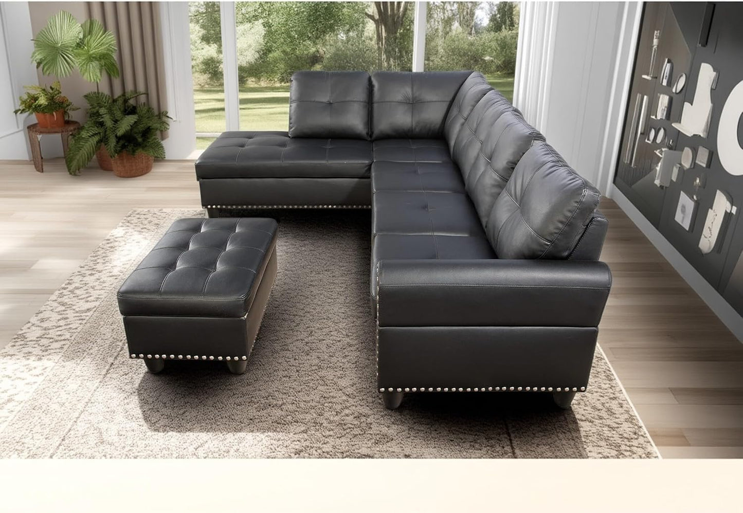 98 Inch L Shaped Sectional Sofa with Chaise Lounge, Storage Ottoman and 2 Pillows, 4-Seaters Faux Leather Upholstered Tufted Couch w/Cupholder & Nailhead Trim for Living Room, Office, Black
