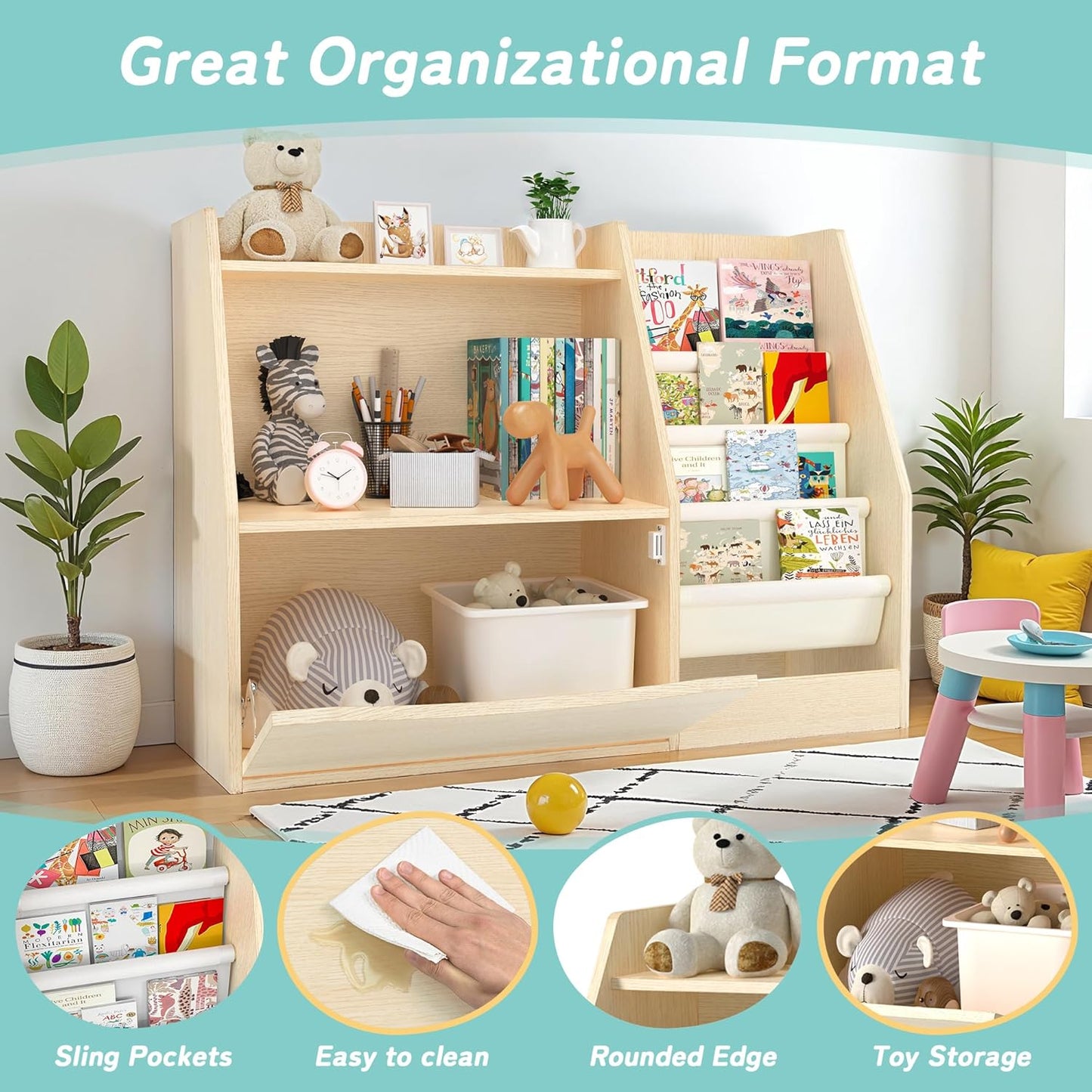 TOETOL 2 Tier Kids Bookshelf and Book Storage，4 Sling Toddler Bookshelf, Storage Boxes Book Shelf & Organizer for Nursery Playroom Classroom Library Bedroom Natural Wood