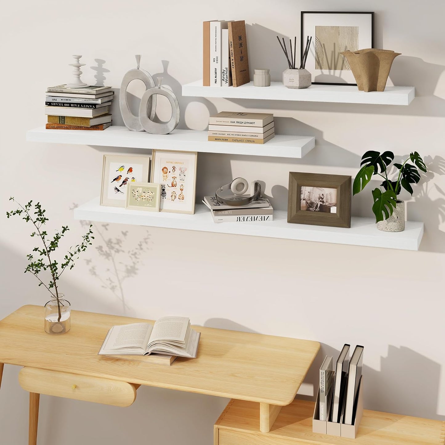 Fun Memories Deep White Floating Shelves, 8 Inch Deep Floating Shelf for Wall, Rustic White Wall Shelves 55 Inch Long, Large 55 x 8 Storage Shelves for Living Room, Bedroom, Kitchen