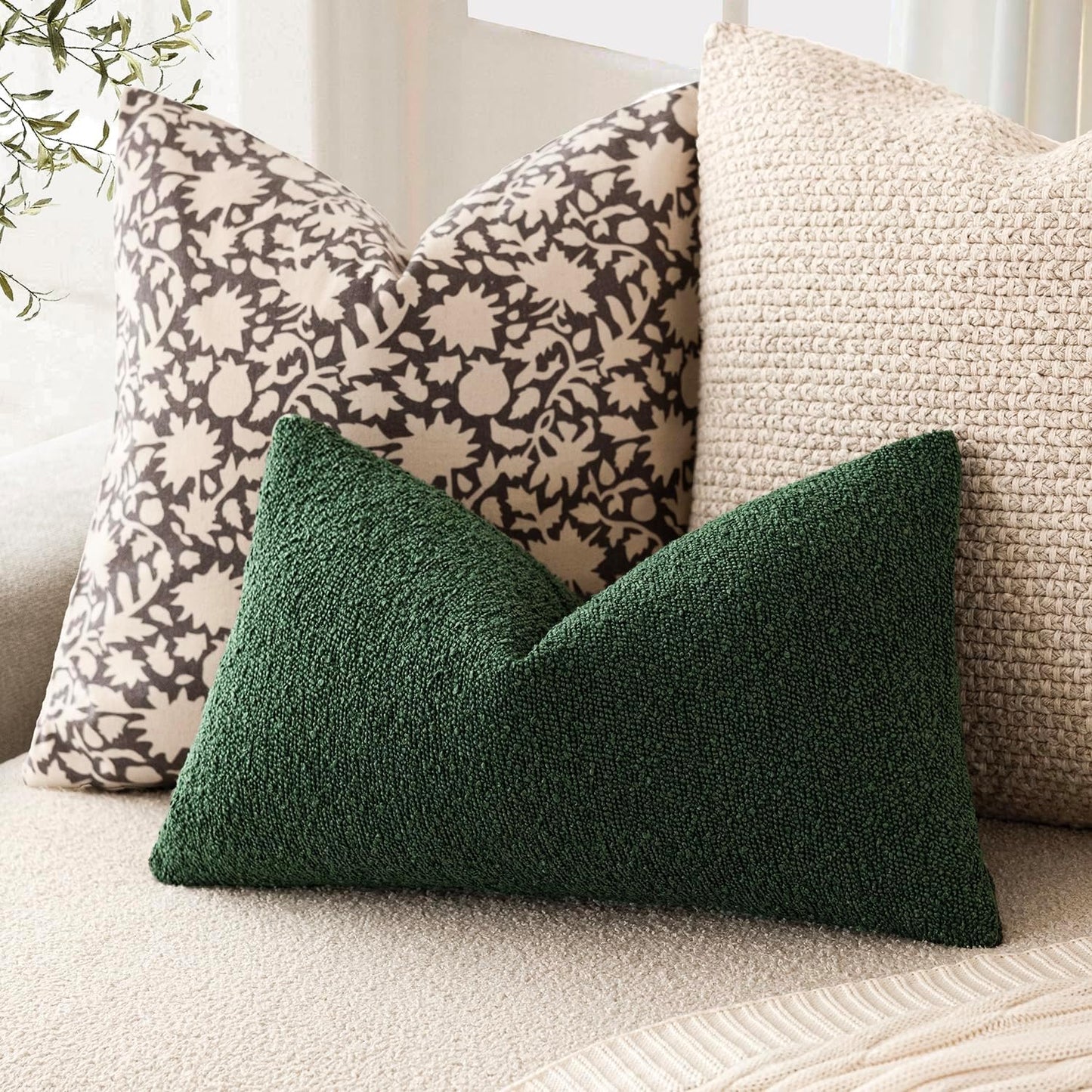 Foindtower Pack of 2 Textured Boucle Throw Pillow Covers Accent Solid Decorative Lumbar Pillow Cases Soft Couch Cushion Case for Chair Sofa Bedroom Living Room Home Decor 12x20 Inch Pine Green