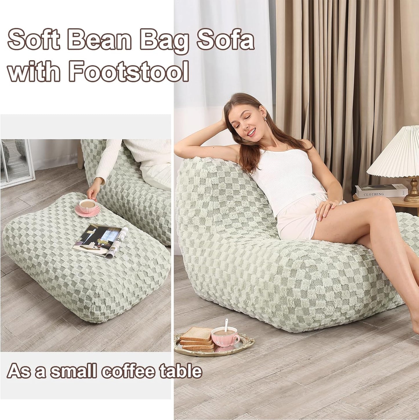 Bean Bag Chair with Footstool, Comfy Reading Sofa Chair for Adults, Modern Floor Sofa for Livingroom, Bedroom, Green