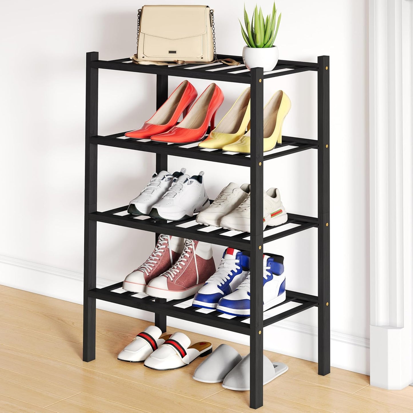 Smiry Shoe Rack, 4 Tier Small Bamboo Shoe Organizer, Stackable Free Standing Wooden Shoe Storage Shelf for Closet, Entryway, Front Door Entrance, Black