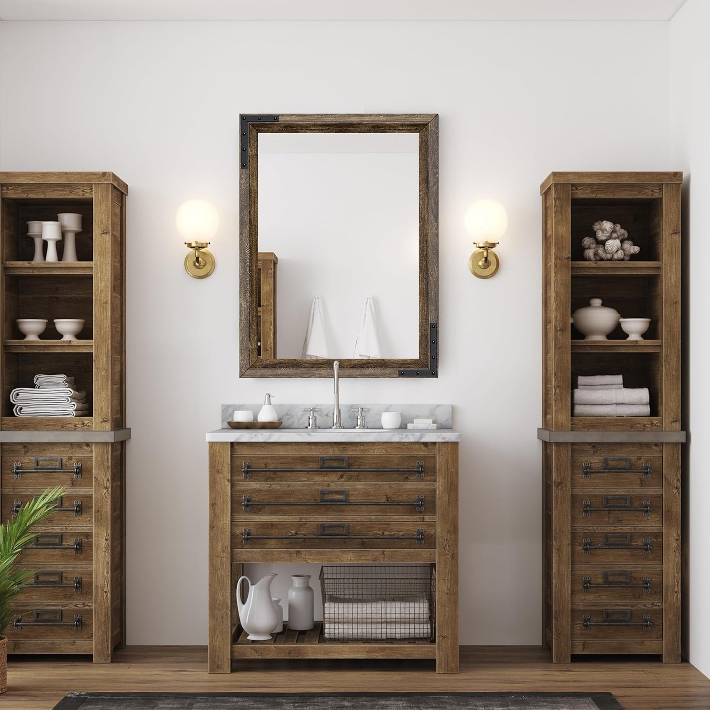 YOSHOOT Farmhouse Bathroom Mirror, Rustic Wooden Framed Mirror, Wood Vanity Mirror, Solid Wood & Handmade, Vertical or Horizontal Hanging for Bathroom Entryway Living Room Bedroom, 48" x 30", Brown