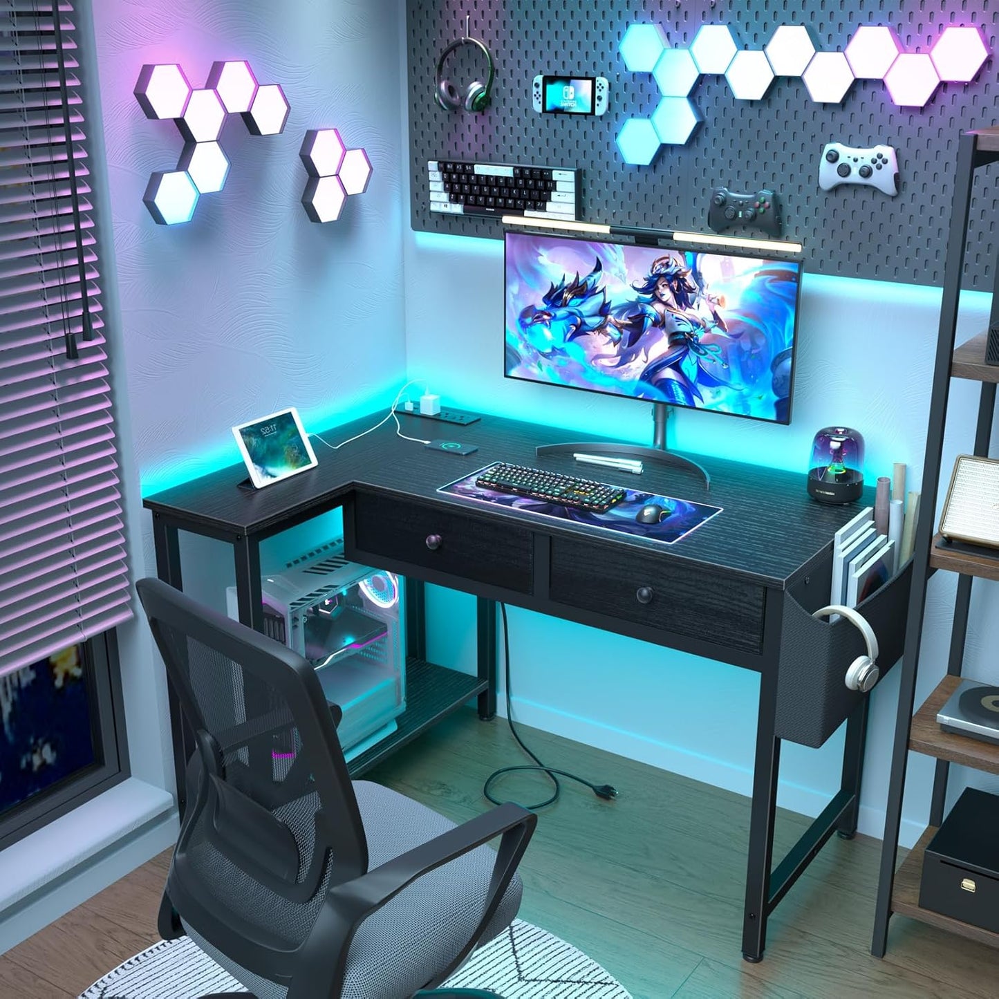 DLisiting Black Corner Desk for Small Space with Drawers, Reversible Gaming L Shaped Computer Desk with Storage Shelves for Kids Boys, Corner Work Study PC Desks for Bedroom