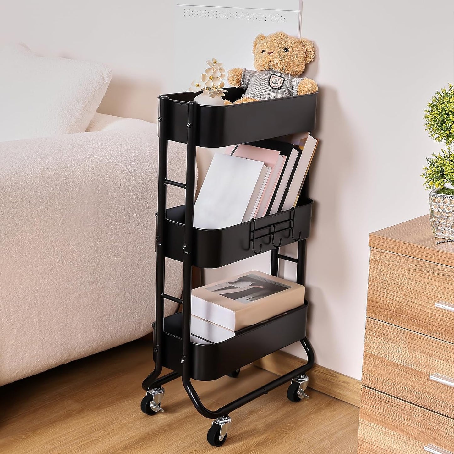 MAX Houser Slim 3-Tier Rolling Utility Cart, Narrow Metal Bathroom Storage Multifunctional Organizer Carts with Wheels with Extra Hook, Laundry Room,Kitchen,Small Space(Black)