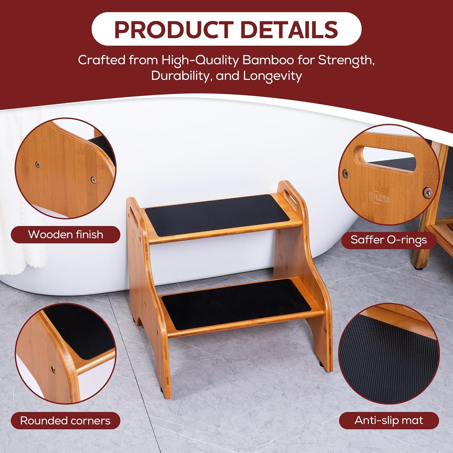 2-Step Wooden Step Stool for Adults & Kids – Non-Slip Bed, Bathroom, Kitchen, and Closet Use – Heavy-Duty Portable Step with Handles – 400 lb Capacity