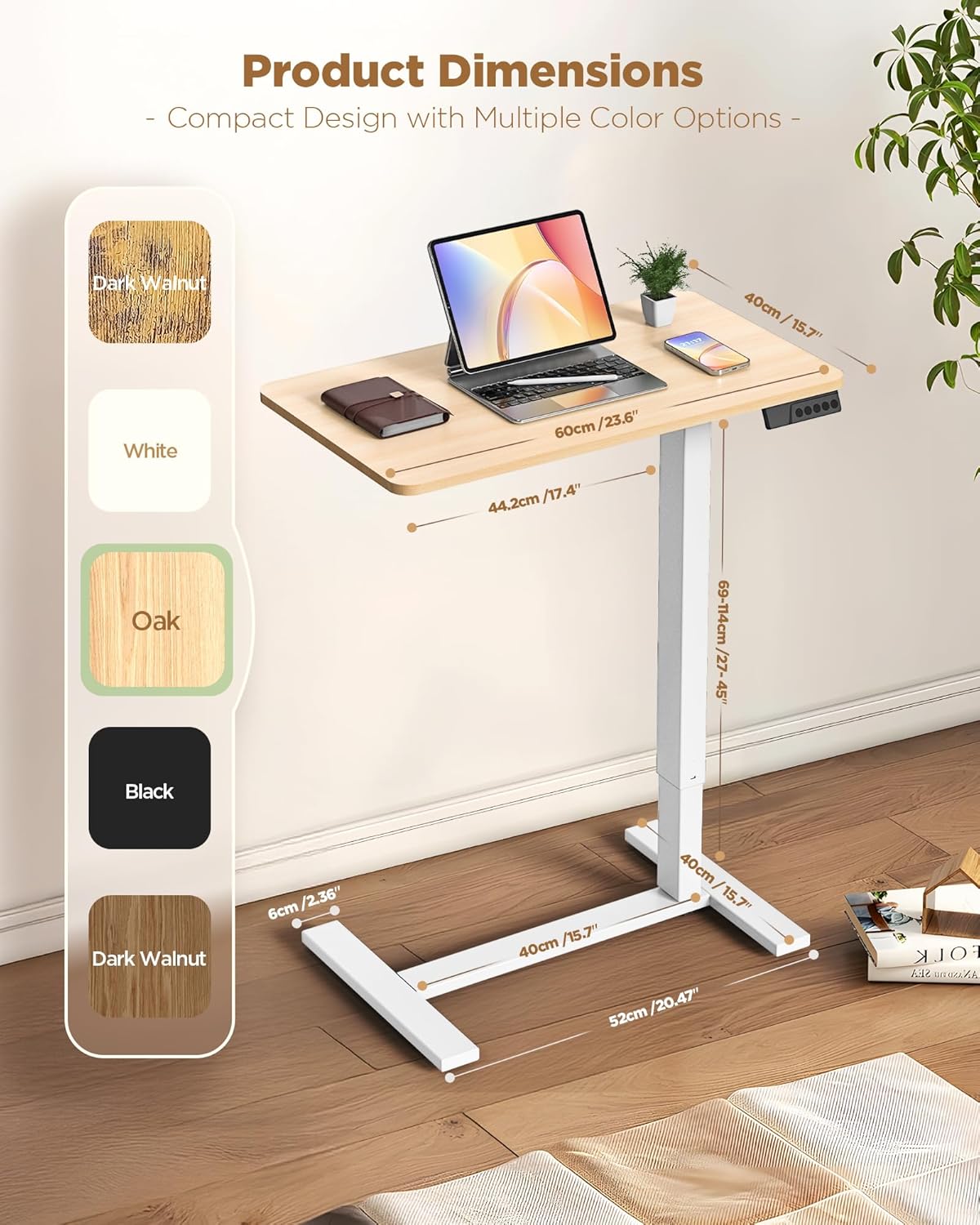 Electric Adjustable Height Standing Desk - Small Sit Stand Portable Rolling Laptop Table with Hidden Wheels, Small Computer Workstation for Bedside & Home Office Use (24"x16", Oak)