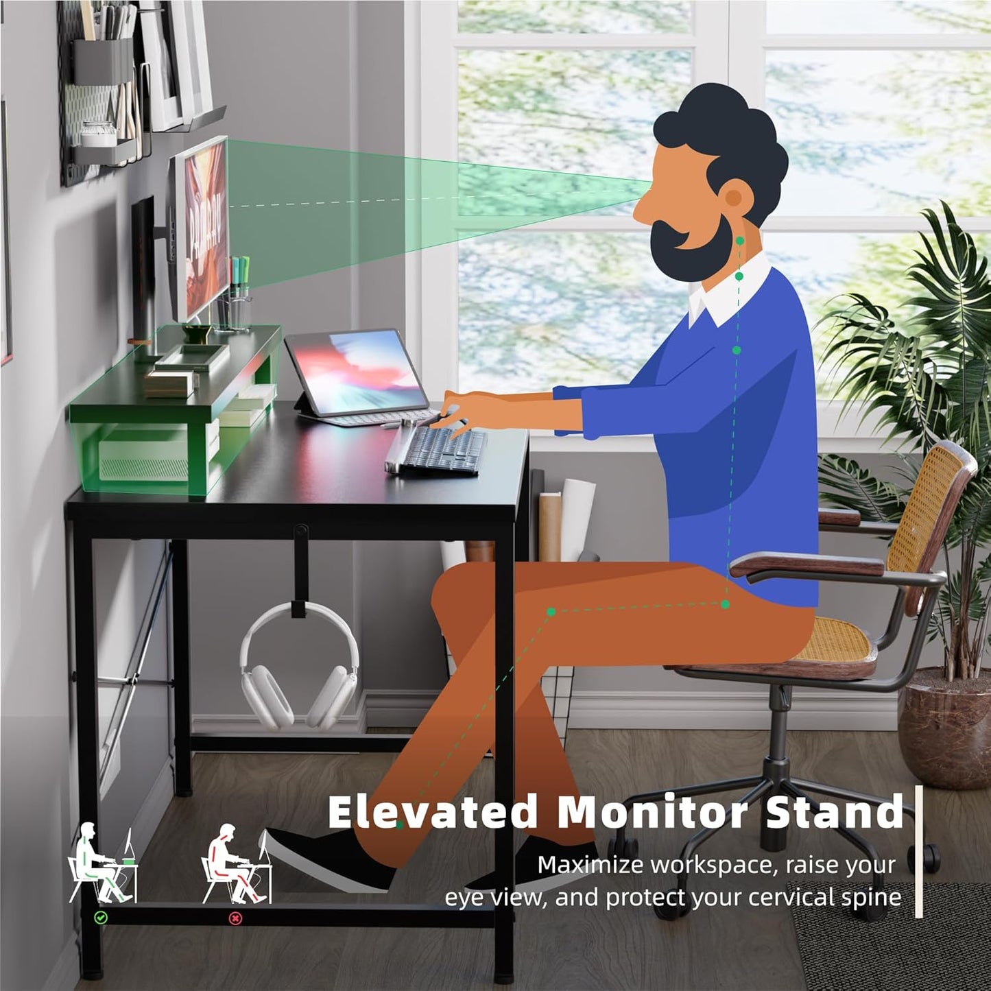 Pamray 32 Inch Small Computer Desk with Monitor Stand, Simple Office Desk with Headphone Hook for Small Spaces, Kids Study Writing Table for Bedroom, White