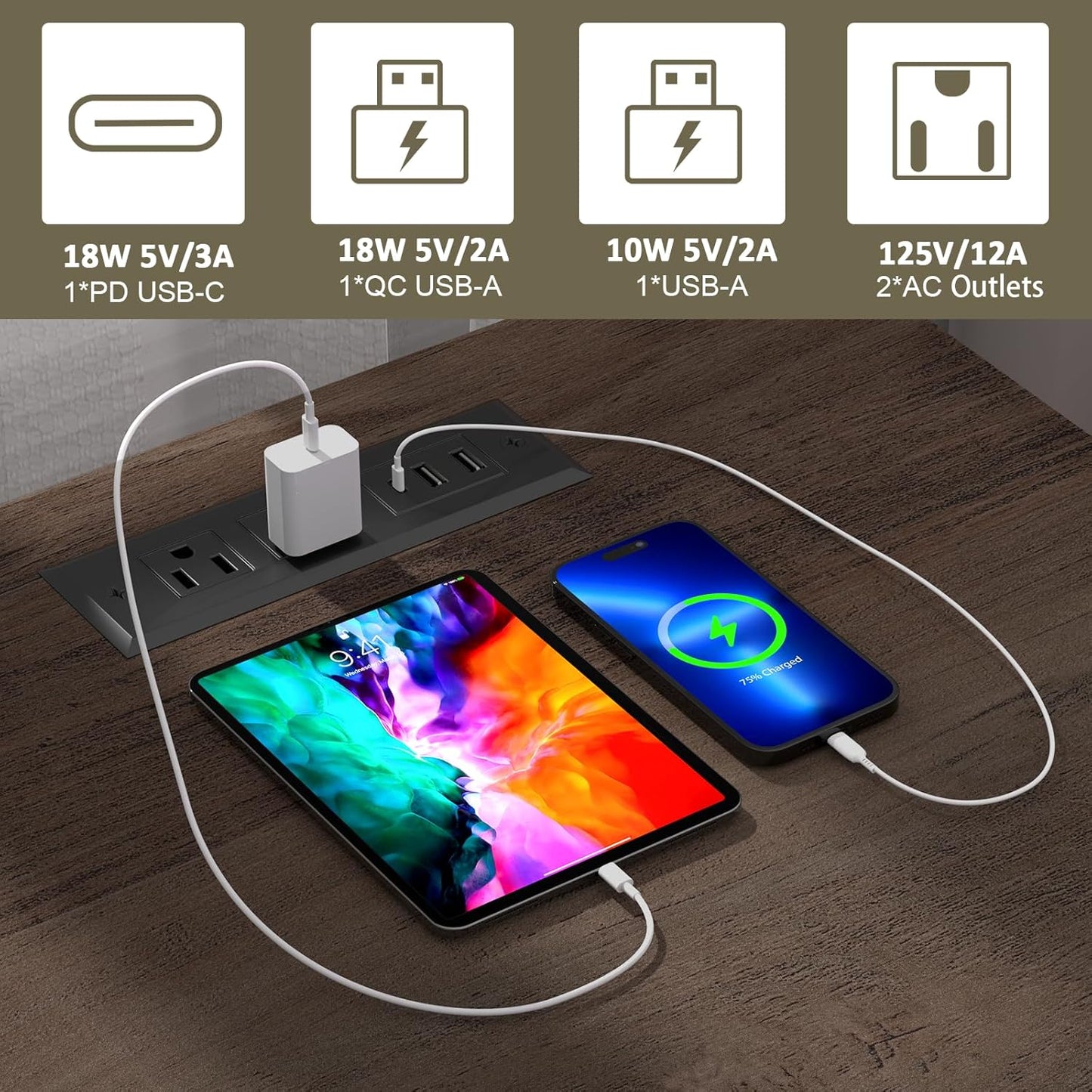 End Table with Fast USB C Charging Station, 18" Wide Tall Sofa Side Table with 2 Drawers, Large Storage Rustic Wood Square Storage Cabinet for Living Room,Bedroom,Office, Blue