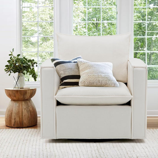 Swivel Accent Chair, 34 Inches Wide Upholstered Arm Chair with Plump Back Pillow, Modern Sofa Living Room Chair for Bedroom, Corner, Reading Nook-Beige