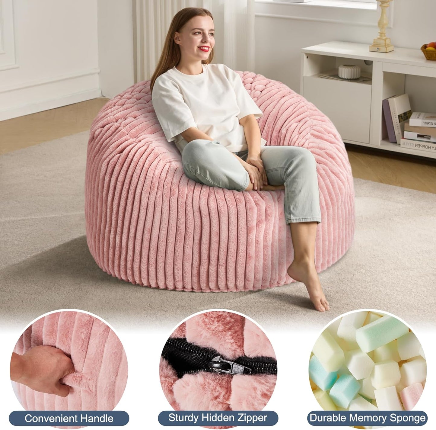 3ft Bean Bag Chairs for Adults Large Beanbag Chair with Stripe Plush Cover Big Bean Bag Chair for Living Room Bedroom Dorm Office