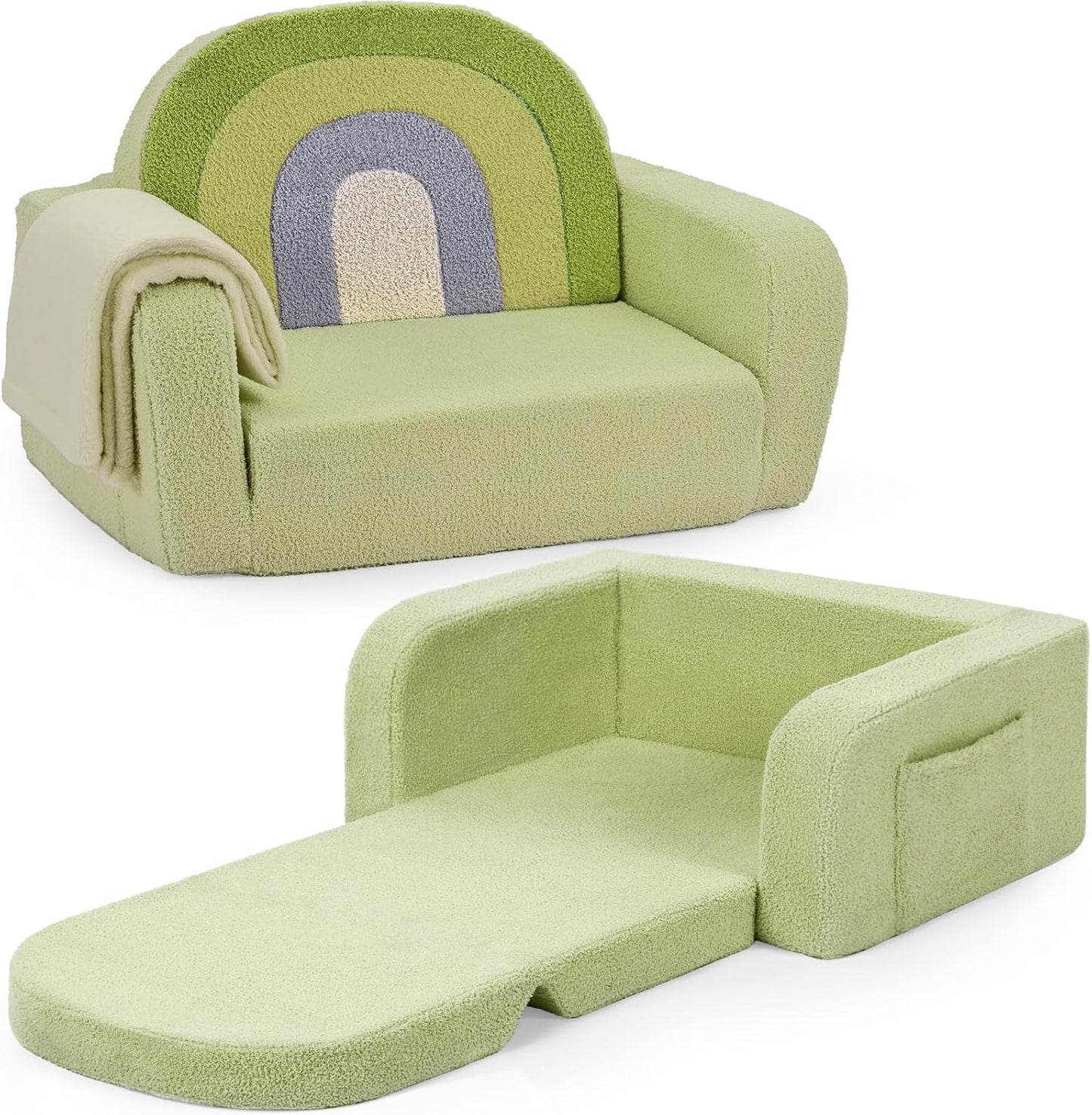 Kids Couch, 2-in-1 Soft Toddler Couch Fold Out with Blanket, Comfy Toddler Chair, Convertible Sofa to Lounger, Convertible Sofa to Lounger, Gifts for Kids Girl Boys, Medium Green Rainbow