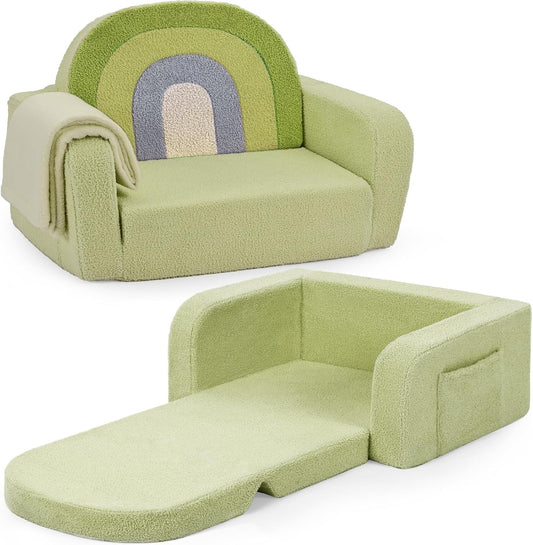 Kids Couch, 2-in-1 Soft Toddler Couch Fold Out with Blanket, Comfy Toddler Chair, Convertible Sofa to Lounger, Convertible Sofa to Lounger, Gifts for Kids Girl Boys, Medium Green Rainbow