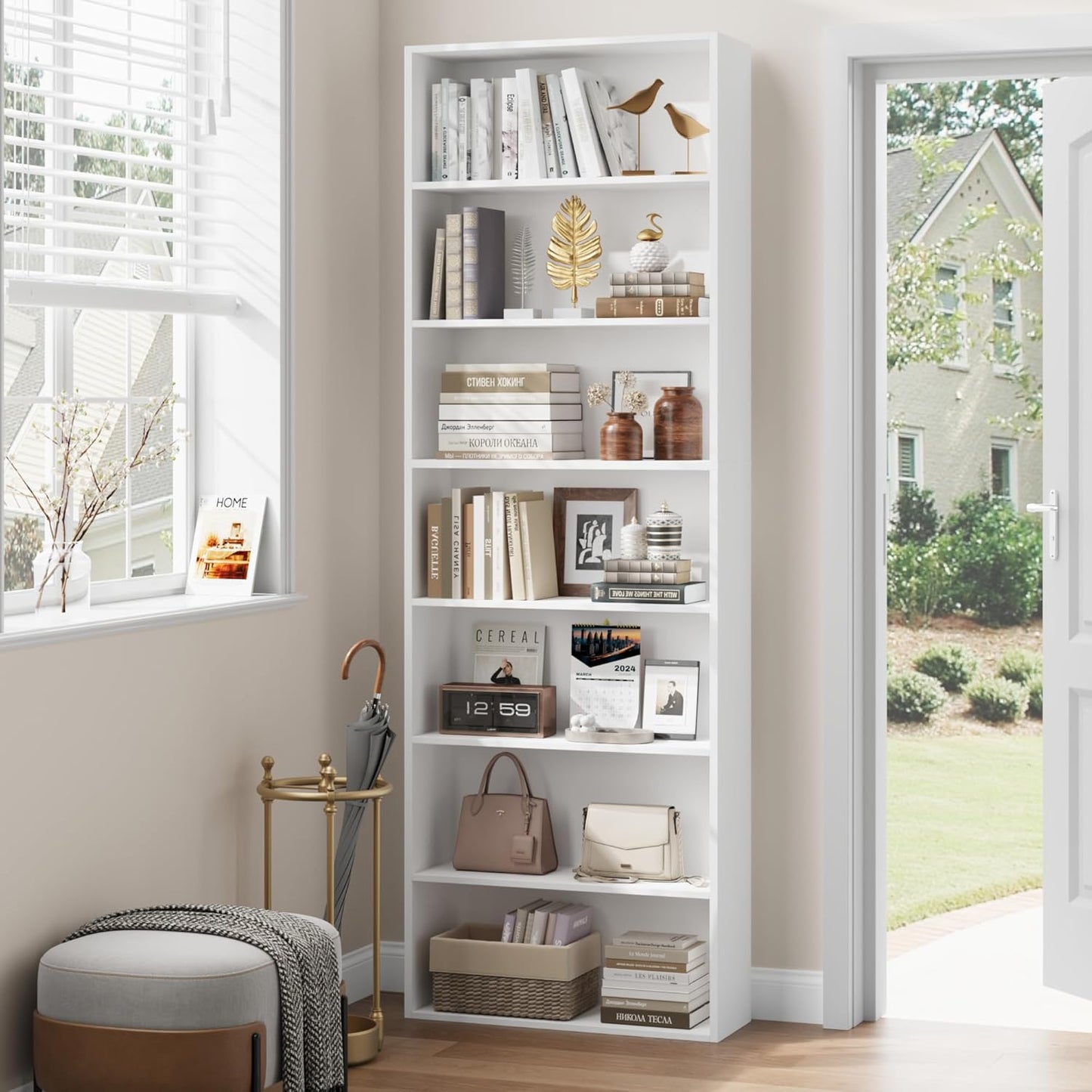 82" Tall Bookshelf, 7-Tier Open Shelves Bookcase, Freestanding Display Storage Shelves, Tall Bookcase Home Decor Furniture for Home Office, Living Room, Bedroom, White