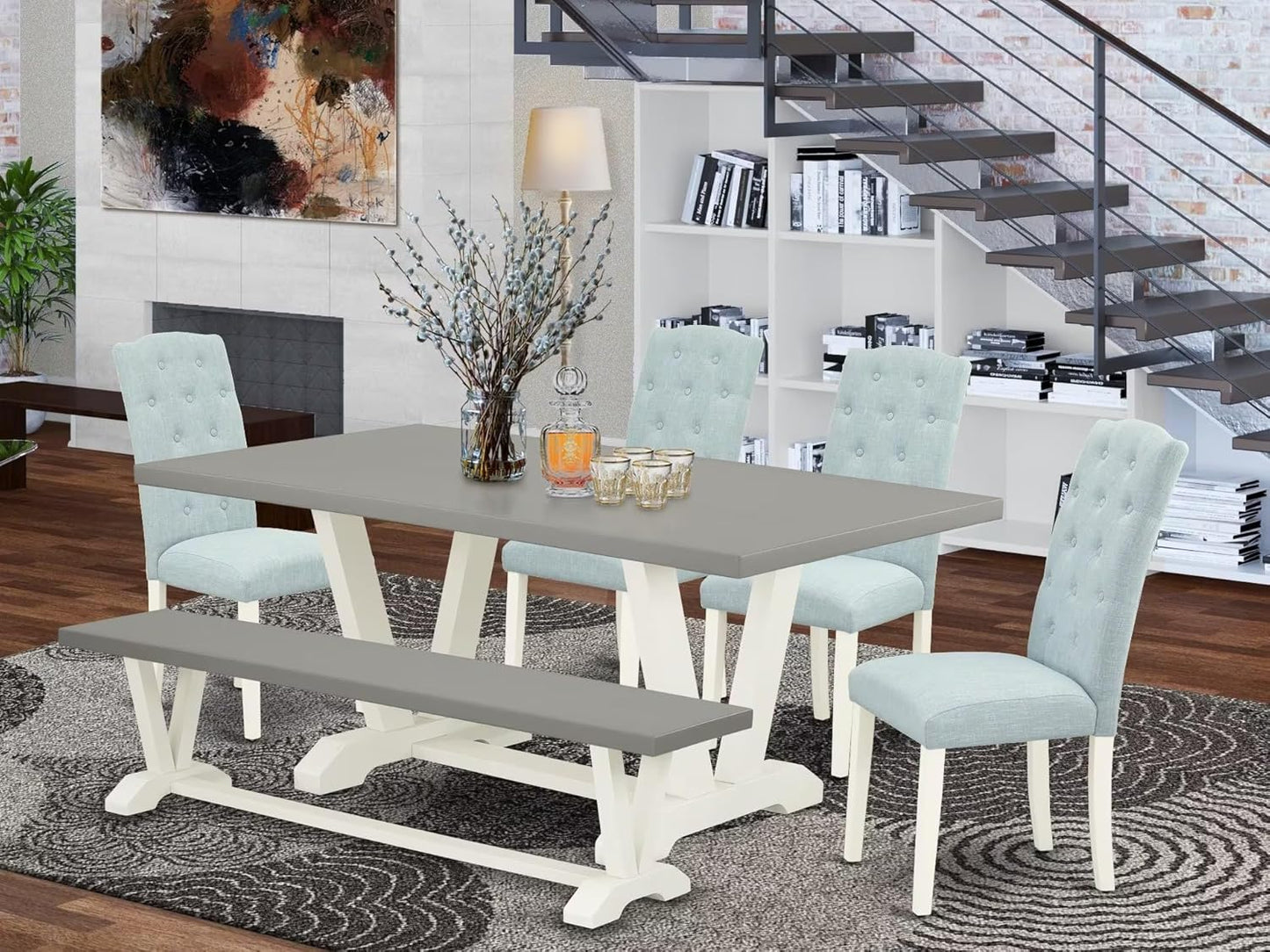 East West Furniture V097CE215-6 6 Piece Dining Set Contains a Rectangle Dining Room Table with V-Legs and 4 Baby Blue Linen Fabric Upholstered Chairs with a Bench, 40x72 Inch, Multi-Color