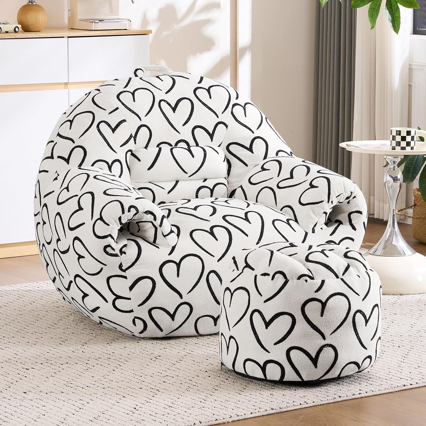 DAICO Bean Bag Chairs for Adults Comfy Accent Chair with Ottoman Floor Sofa Beanbag Couchs with Armrests White Single Lazy Sofa with Foam for Living Room Reading Bedroom Gaming (Cordate Pattern)