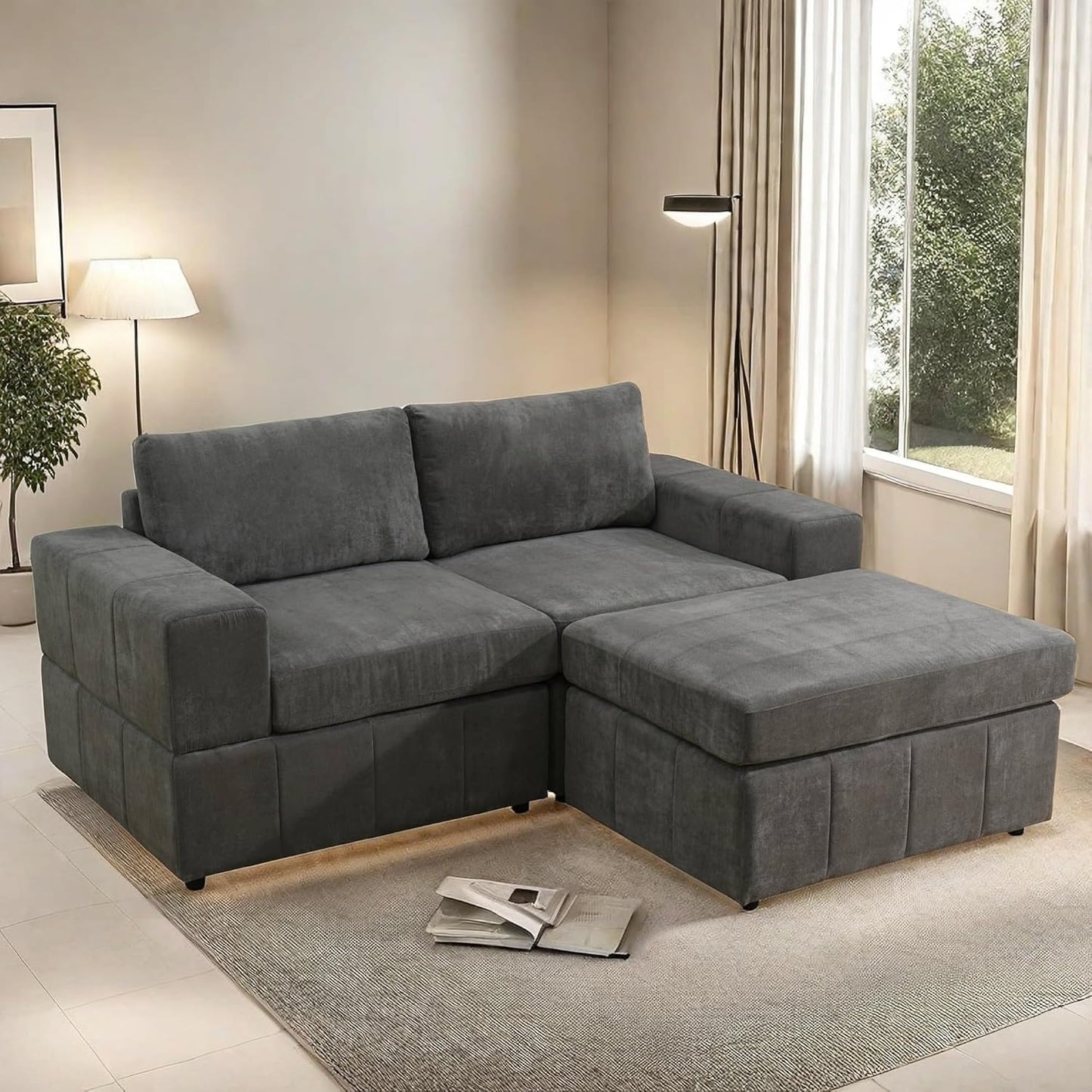 Loveseat Sofa with Ottoman, 74″ Modern Sectional Couches with Deep Seat, Small L Shaped Couch with Chaise for Living Room Bedroom, Brown