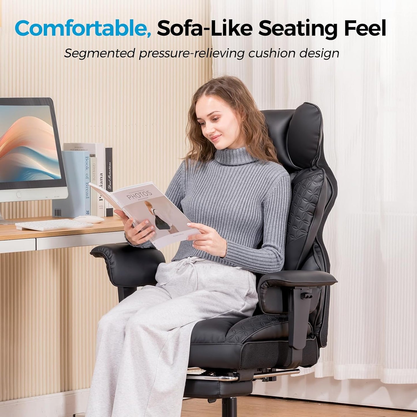 COMHOMA Big and Tall Office Chair 400LBS Wide Ergonomic Gaming Chair with Deluxe Embossing Leather with Foot Rest 150°Reclining Adjustable Armrests Pocket Spring Back Support and Without Pillow