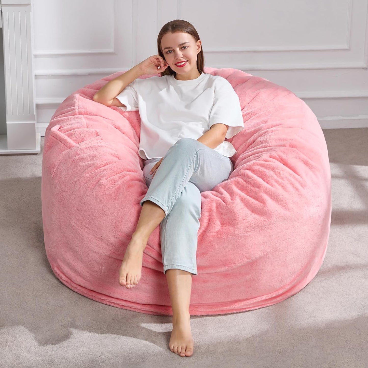 Hobestluk 4ft Bean Bag Chairs for Adults Large Beanbag Chair with Plush Faux Fur Cover Big Bean Bag Chair for Living Room Bedroom Dorm Office -Pink (44” x 44” x 24”)