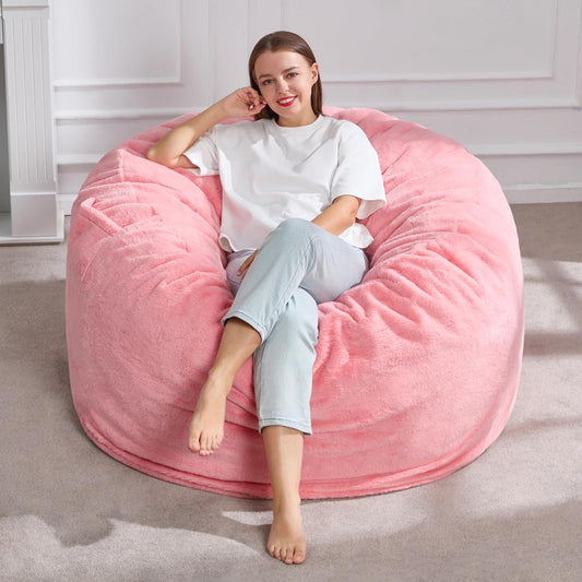 Hobestluk 4ft Bean Bag Chairs for Adults Large Beanbag Chair with Plush Faux Fur Cover Big Bean Bag Chair for Living Room Bedroom Dorm Office -Pink (44” x 44” x 24”)