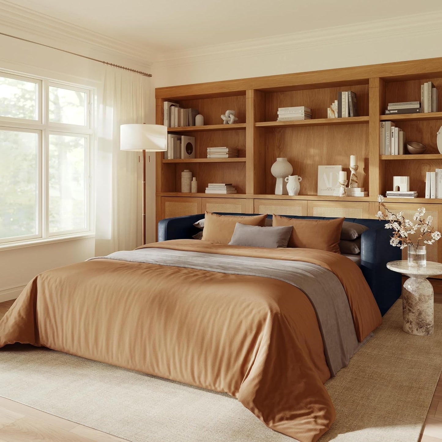 POLY & BARK Napa 82" Leather Pull-Out Convertible Sleeper Sofa in Midnight Blue