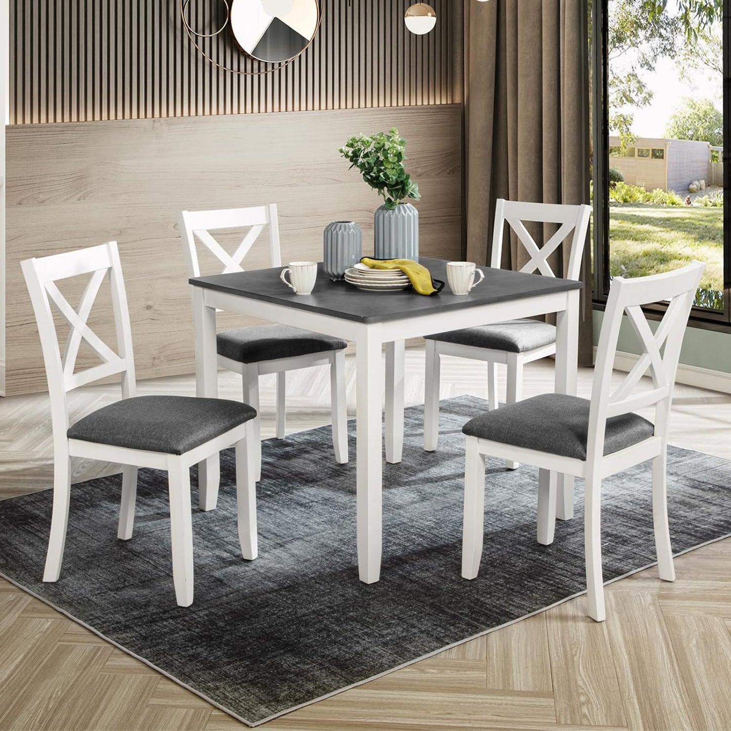 Ball & Cast 5 Piece Dining Table Set with 4 X-Back Chairs,Wooden Living Room Furniture W/ 34.5" Square Kitchen Desk,Easy Assemble & Clean,for Small Space,Apartment,Dining Room,White+Gray