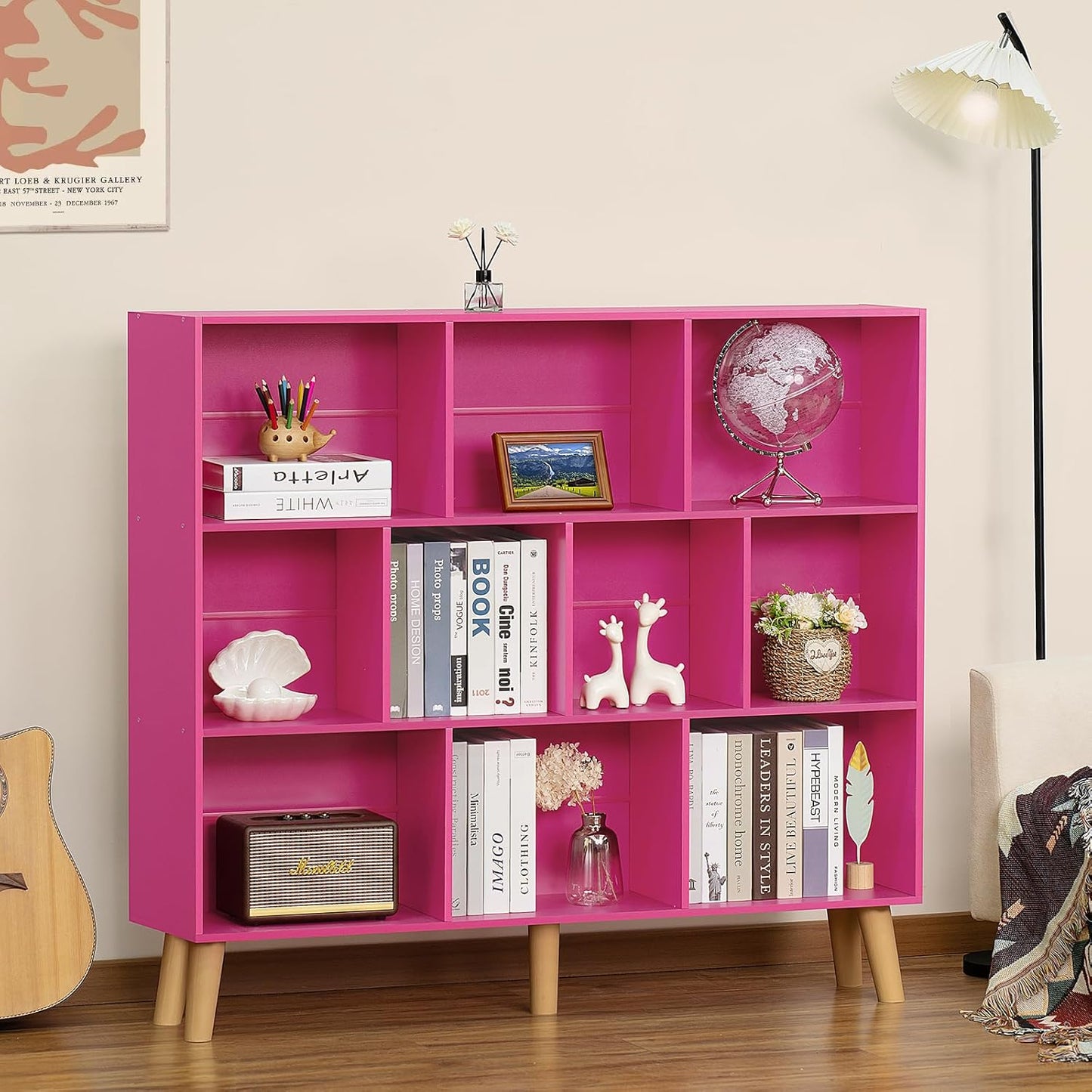 LEYAOYAO 10 Cube Bookshelf,3 Tier Modern Wide Bookcase with Legs,Mid-Century Wood Bookshelves Storage，Pink Large Book Case,Freestanding Organizer Display Shelf for Bedroom,Living Room,Office