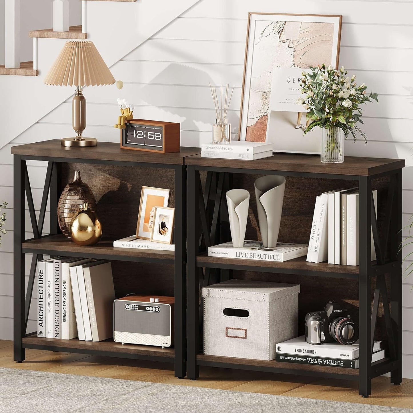 FATORRI Small Bookshelf, Rustic Book Shelf for Small Space, Low Short Bookcase, Industrial Wood and Metal Bookshelf and Bookcase for Living Room (Rustic Brown)