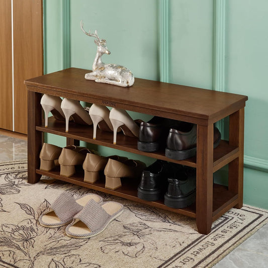 Shoe Rack Bench, 2-Tier Wood Heavy Duty Shoe Organizer Shelf for Entryway, Living Room,Bedroom (Brown, 11.81"X31.5"X16.54")