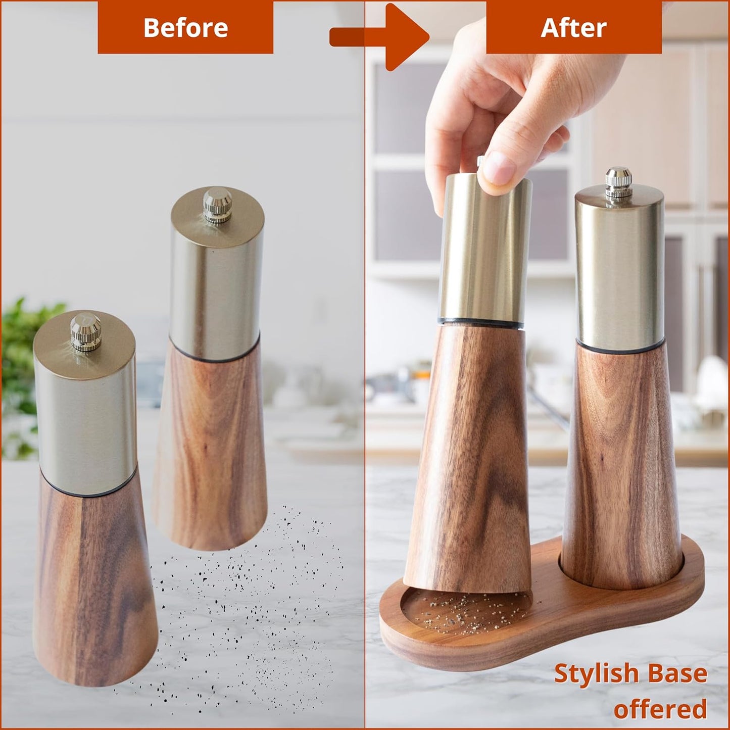 Gold Salt and Pepper Grinder Mill Set With Wood Base, Free Gold Funnel,Stainless Steel Manual Salt Shaker and Pepper Mill,Adjustable Thickness,Suitable For Kitchen (Salt & Pepper Grinder)