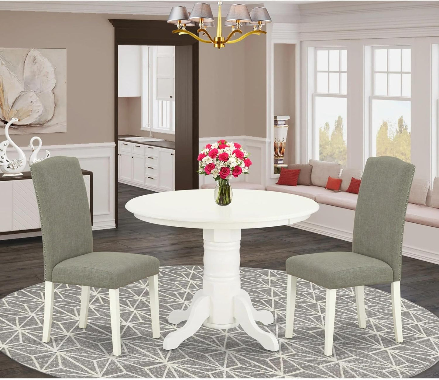East West Furniture SHEN3-LWH-06 3 Piece Dining Set Contains a Round Kitchen Table with Pedestal and 2 Dark Shitake Linen Fabric Parson Dining Chairs, 42x42 Inch, Linen White