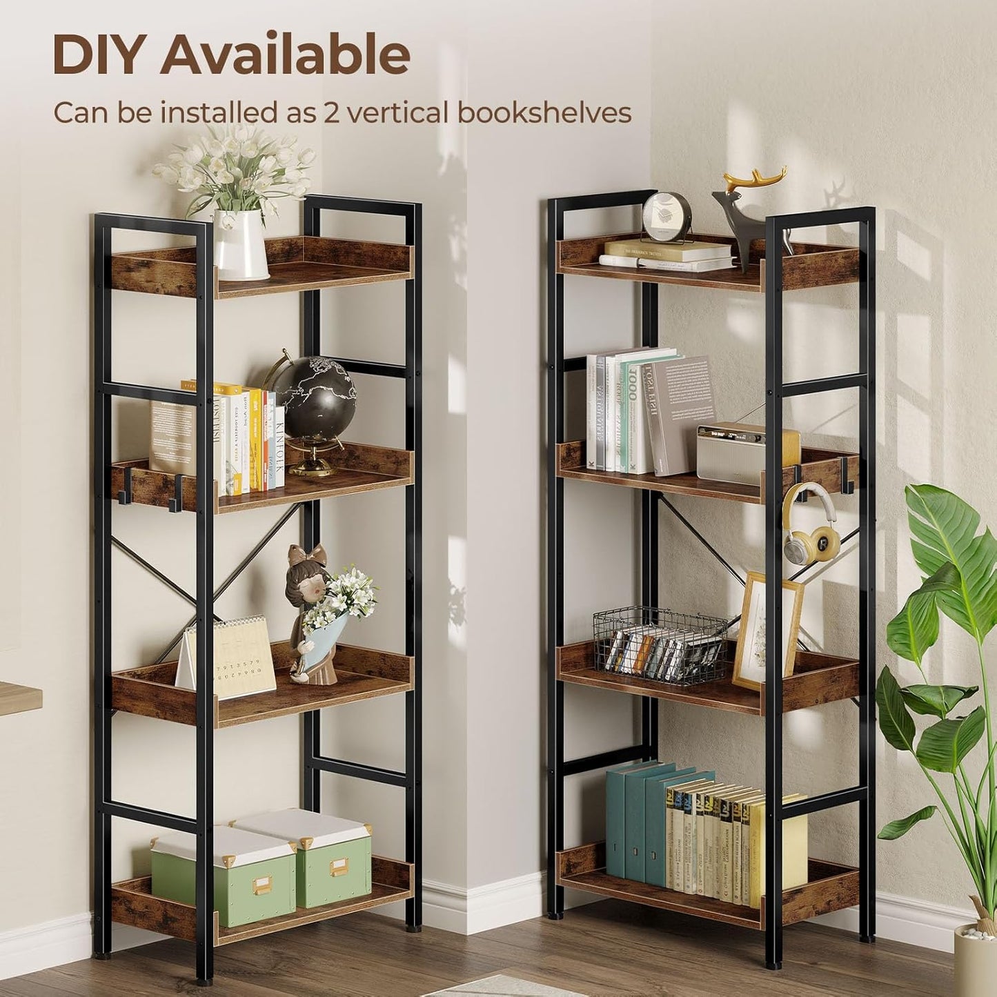 Rolanstar Bookshelf 4 Tiers with 4 Hooks, Triple Bookcase with Open Display Shelves, Industrial Wide Bookshelf with Metal Frame for Living Room, Office, Rustic Brown