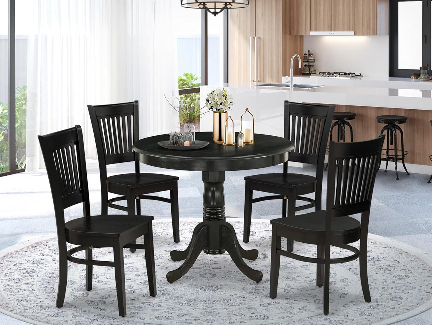 East West Furniture ANVA5-BLK-W 5 Piece Modern Dining Table Set Includes a Round Kitchen Table with Pedestal and 4 Dining Room Chairs, 36x36 Inch, Black