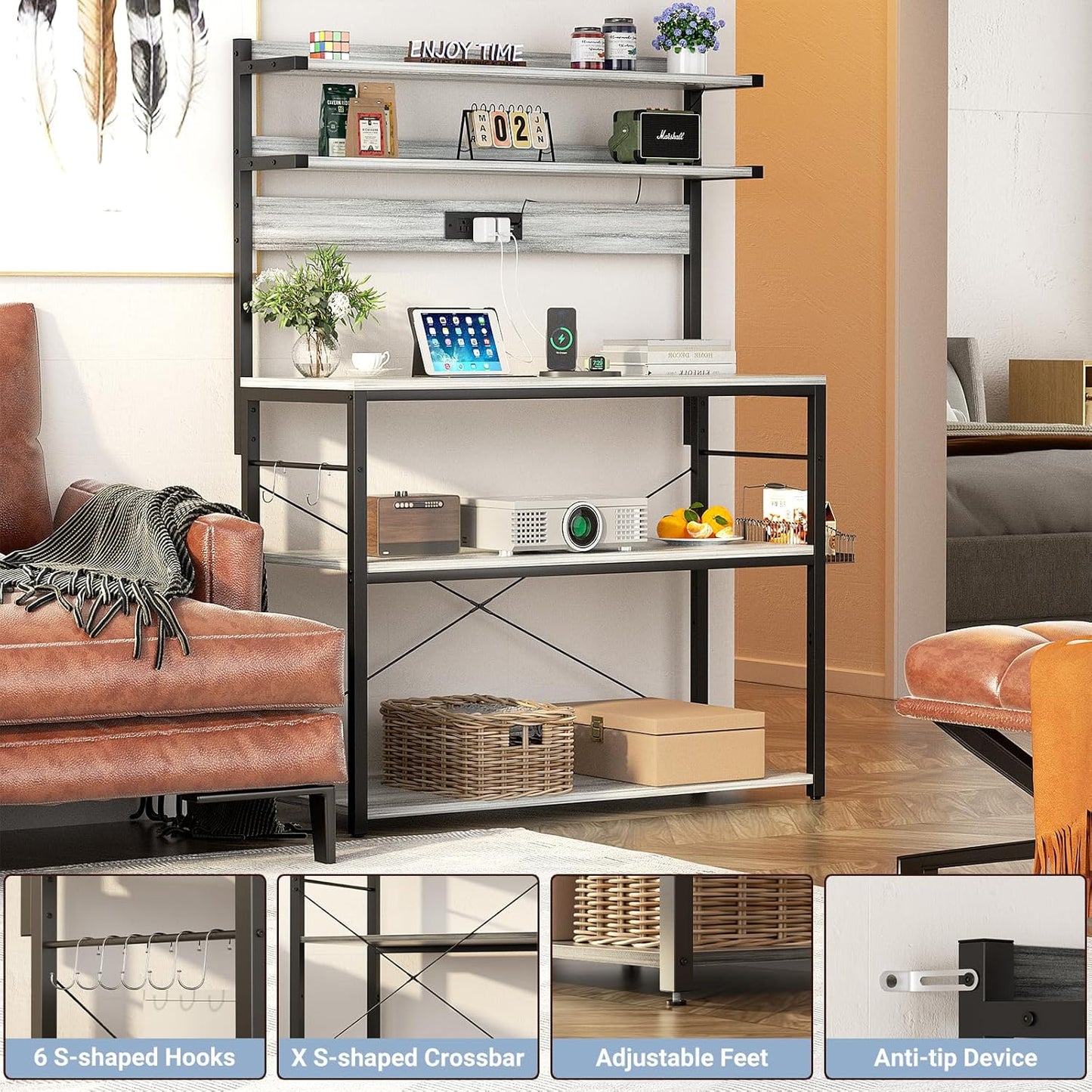 Aheaplus Bakers Rack with Power Outlet, Microwave Stand, 5 Tiers Coffee Bar Station with Led Lights, Kitchen Storage Shelf with 6 S-Shaped Hooks, Kitchen Rack Coffee Bar Stand, White Oak