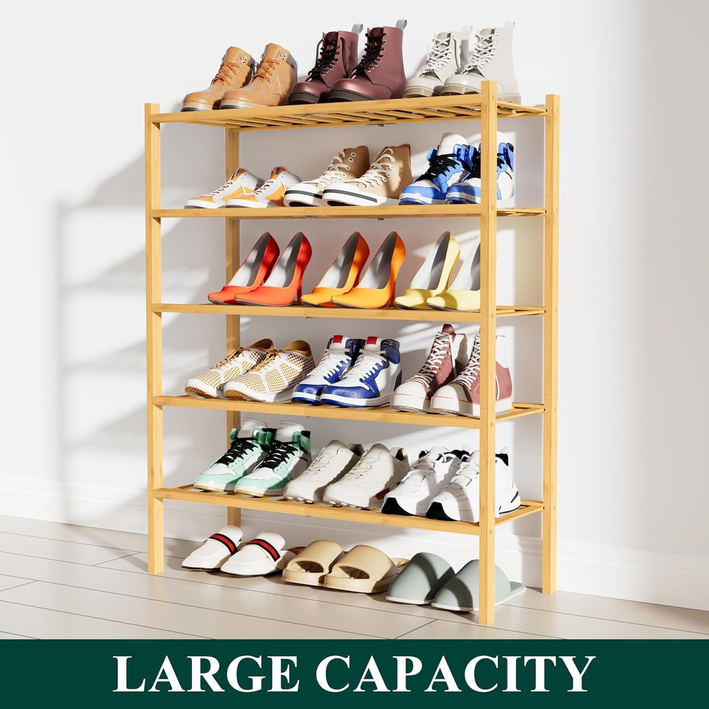 Smiry Shoe Rack, 5 Tier Bamboo Shoe Organizer, Stackable Free Standing Wooden Shoe Storage Shelf for Closet, Entryway, Front Door Entrance, Natural