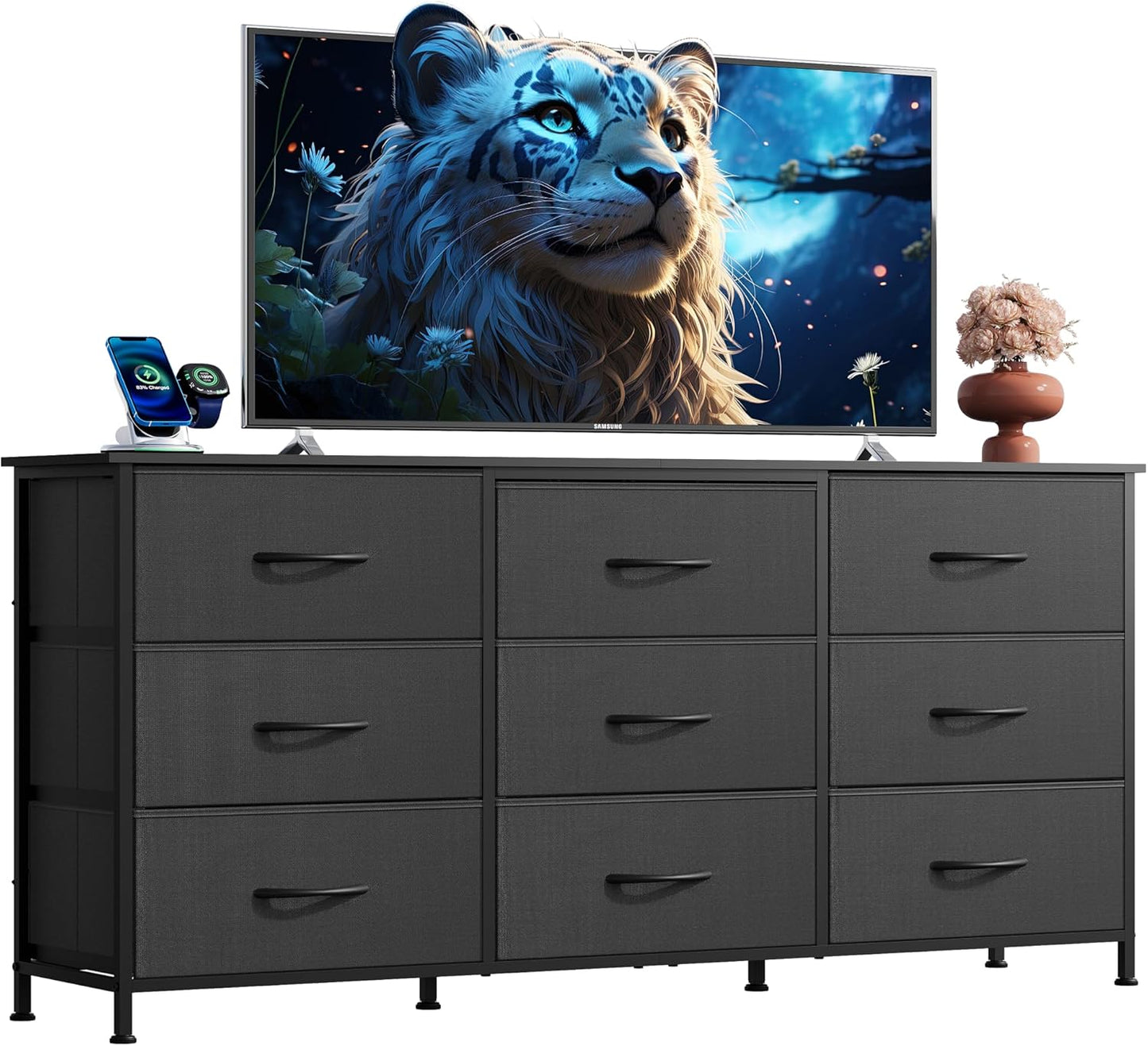 WLIVE 54''W Dresser for Bedroom, Black Dresser TV Stand for 55, 60, 65 inch TV, Wide Chest of Drawers with 9 Drawer, Large Entertainment Center, Fabric Dressers with Wood Top for Closet, Living Room