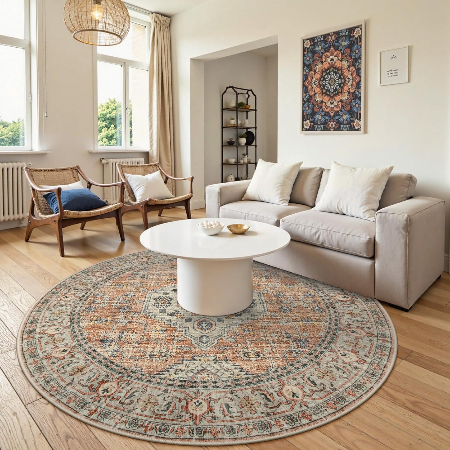 Lahome Oriental Washable Round Area Rug, Non-Slip Round Rugs 6ft Ultra-Thin, Soft Large Throw Circle Carpet for Living Room Bedroom Kitchen Nursery, Peach/Orange