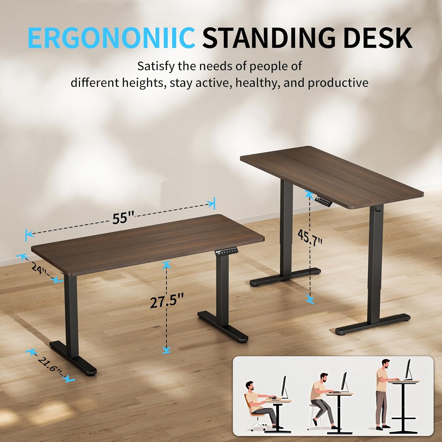 BIZUM Electric Standing Desk, 55x24 inches Height Adjustable Desk, Sit to Stand Desks Memory Gaming Computer Workstation for Home Office, Dark Walnut