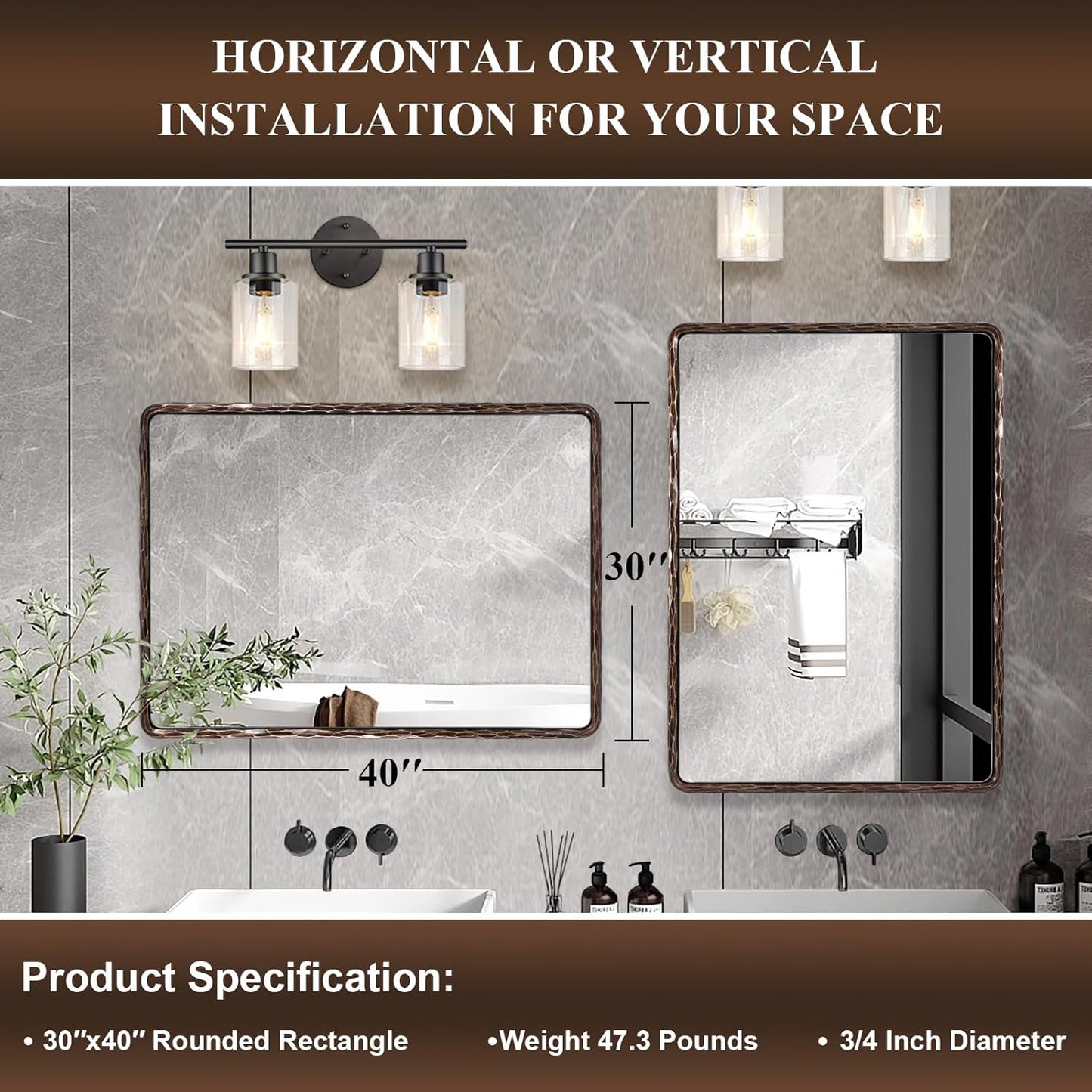 ANDY STAR Hand-Forged Bronze Bathroom Mirrors for Wall, 30x40 Inch Vintage Solid Steel Metal Frame Bathroom Vanity Mirror, Antique Rounded Rectangle Wall Mirror, Hangs Horizontally or Vertically