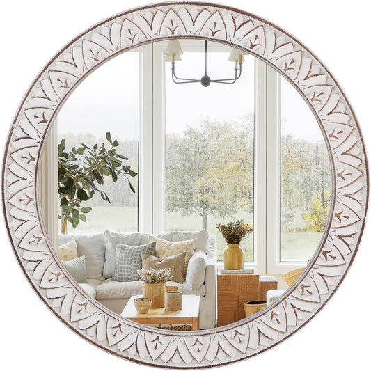 30" Round Wall Mirror, Farmhouse Wooden Frame Circle Mirrors, Rustic Large Decorative Wall Mounted Bathroom Mirror Distressed Hanging Mirrors for Living Room, Bedroom, Entryway, Fireplace, Hall
