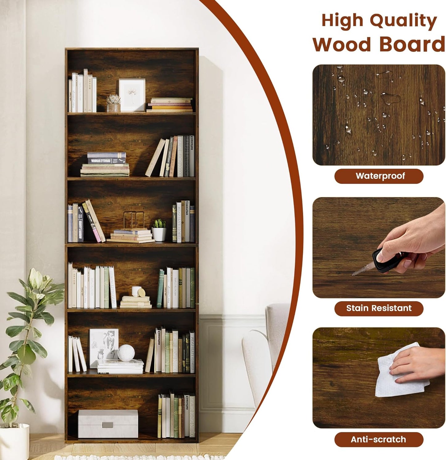 71" Tall Bookcase, 6-Tier Open Display Storage Shelves, Floor Standing Large Book Shelf for Living Room, Home Office, Bed Room, Brown