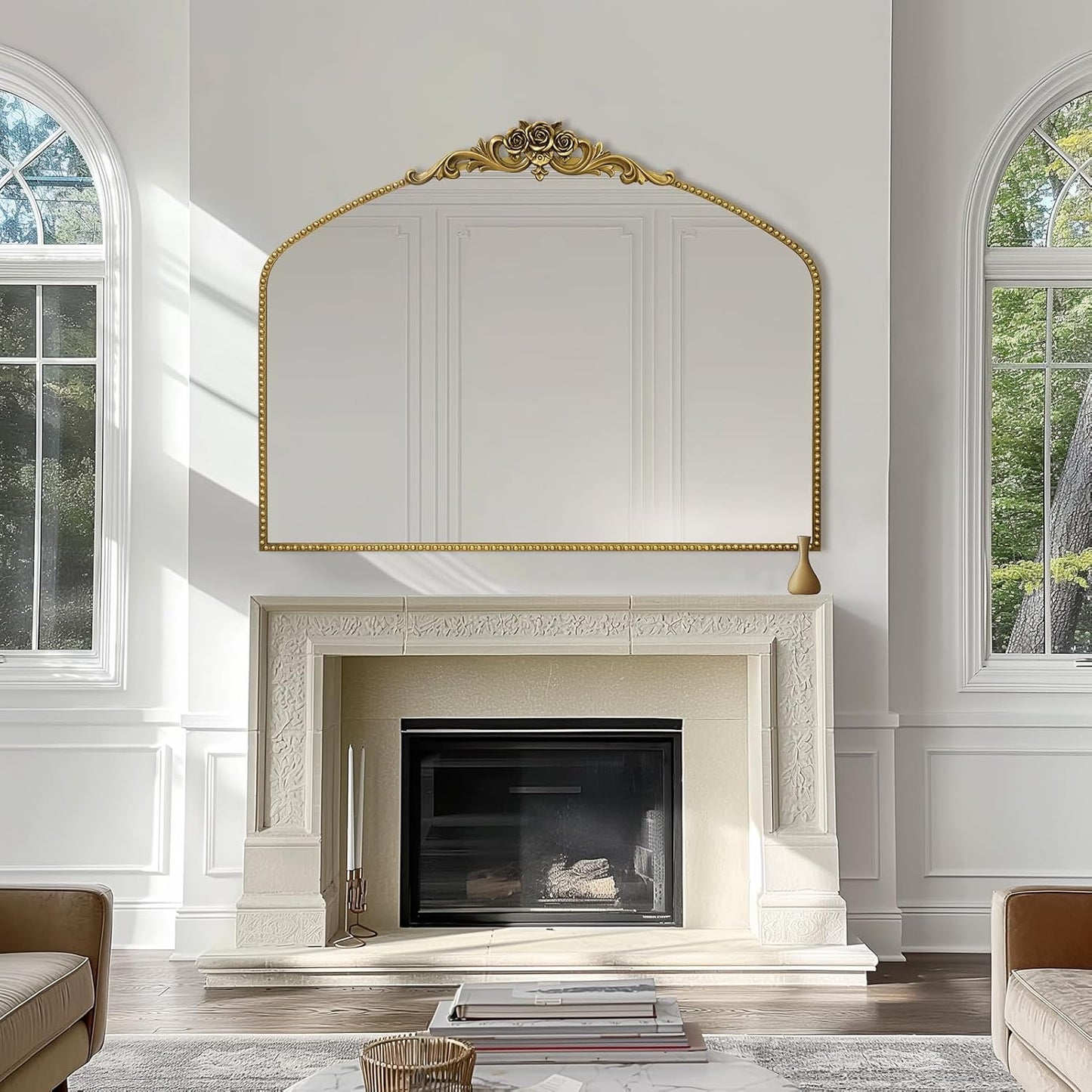 AIXI HOME Vintage Gold Arched Mirror 40"X30", Antique Baroque Mantel Mirror with Ornate Metal Frame, Victorian Dress Wall Mirror for Entryway/Fireplace/Living Room/Hallway/Bathroom/Bedroom