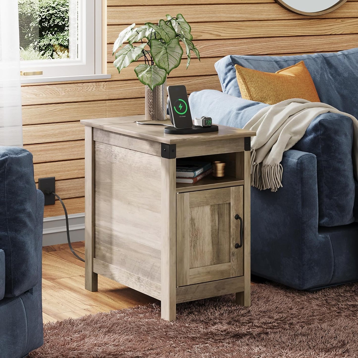 WLIVE Farmhouse End Table Set of 2 with Charging Station, Narrow Side Tables Living Room, Bedroom, Couch with USB Ports and Outlets, Wood Nightstand Sets with Storage, Greige