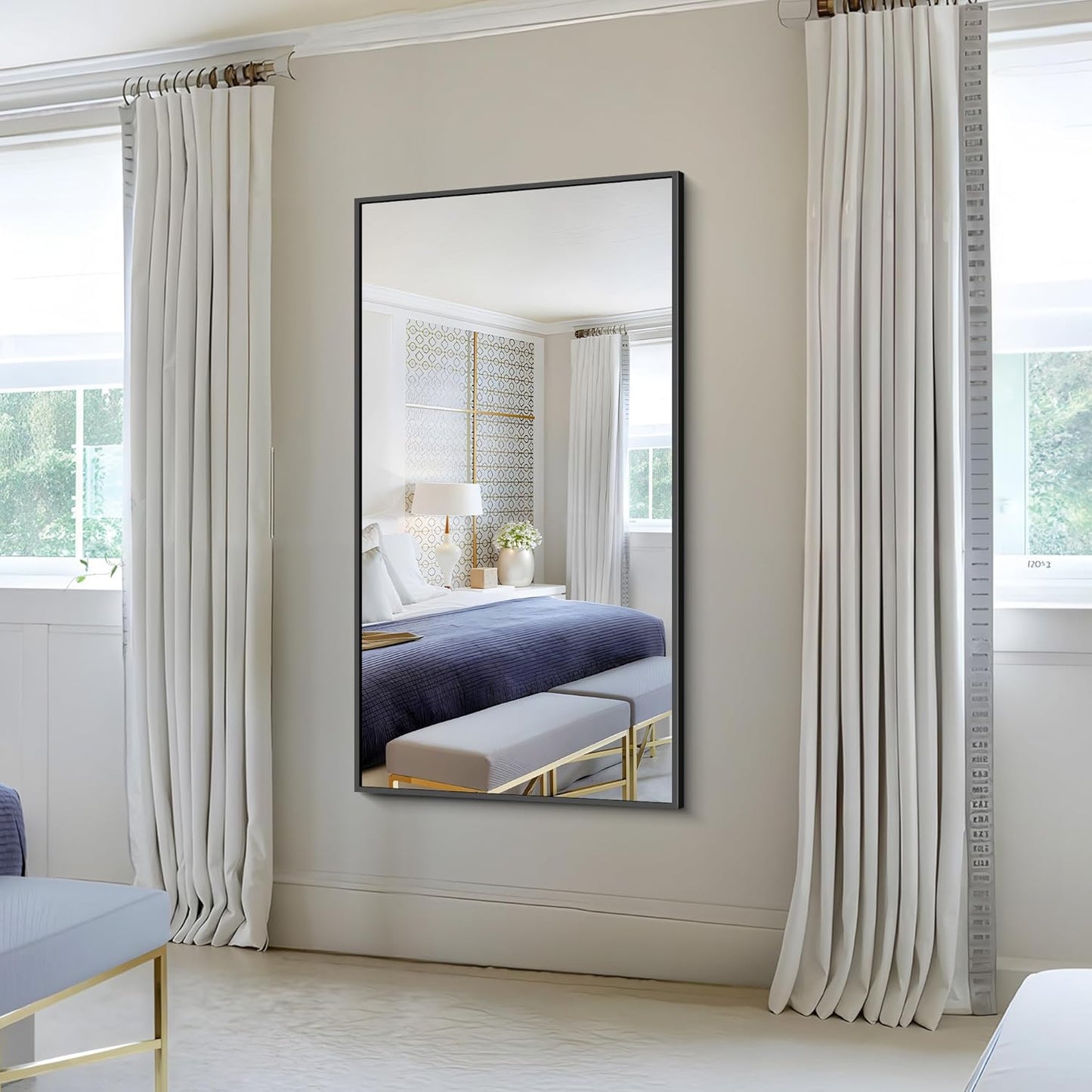 KOCUUY 30x55 Inch Large Black Wall Mounted Mirror,Aluminum Framed Decorative Rectangular Bathroom Mirror for Wall Over Sink,Vanity Mirror for Bedroom Living Room Bathroom,Functional Oversized Mirror