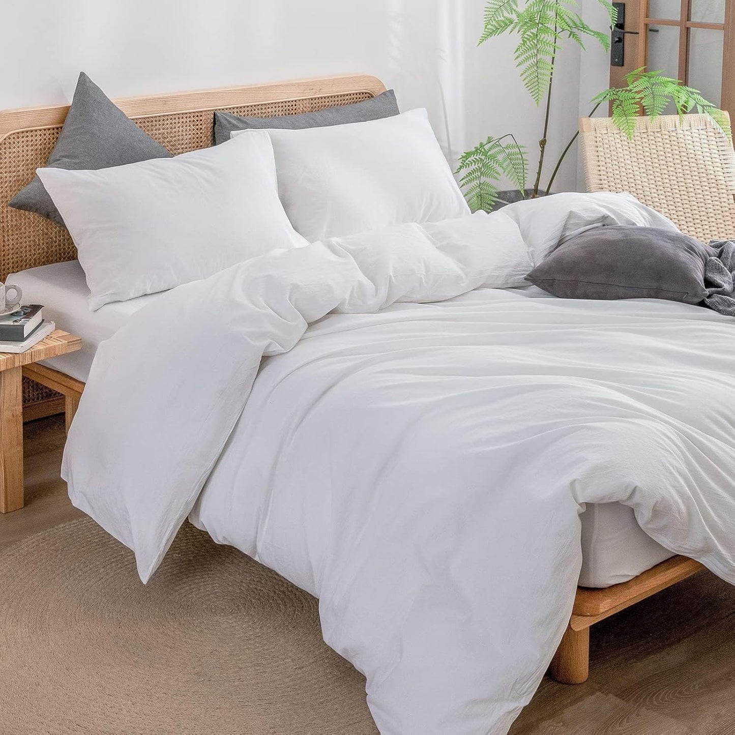 BESTOUCH Duvet Cover Set 100% Washed Cotton Linen Feel Super Soft Comfortable Chic Lightweight 3 PCs Home Bedding Set Solid Bright White Oversized Full