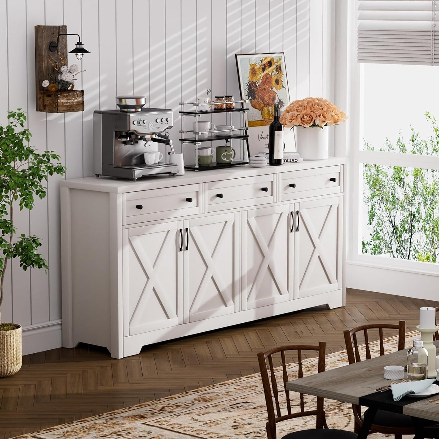 66'' Farmhouse Sideboard Buffet Cabinet with Storage, Large Kitchen Storage Cabinet with Barn Doors Drawers, White Coffee Bar Table for Dining Room Kitchen